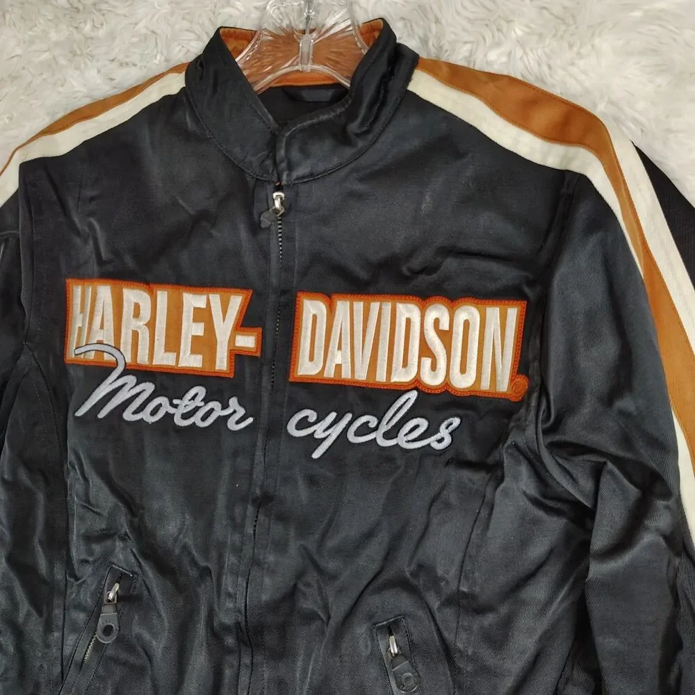 FLAWS Harley Davidson Womens XS Motorcycle Jacket Black Orange Zip - Picture 2 of 16
